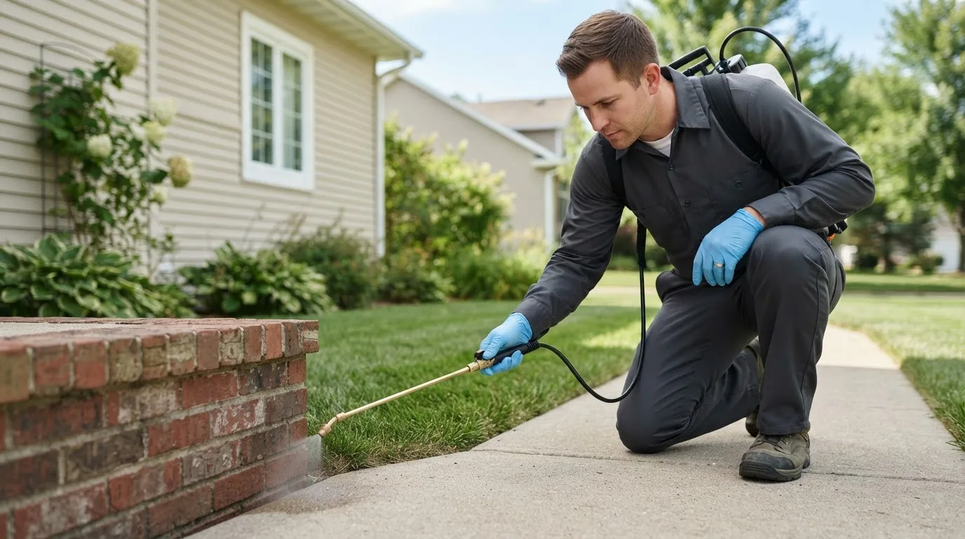 Pest control technician treating a home near Wheeling, WV